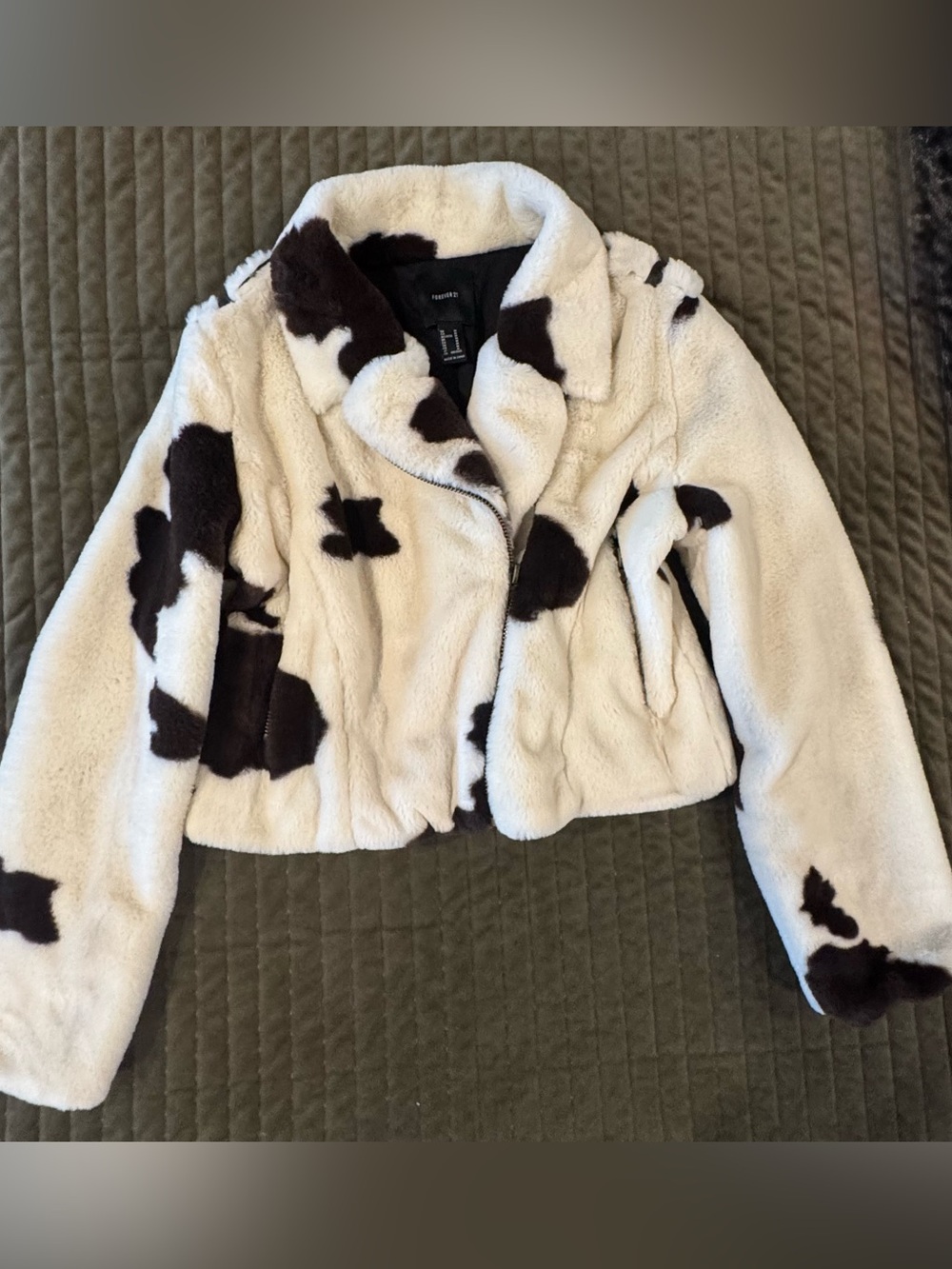 Cow Print Faux Fur Moto Biker Jacket Cream and Black